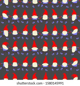 Pattern with Christmas gnomes in red hats on a dark background.Vector design for textile, decor, wrapping paper.