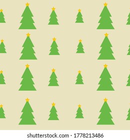 Pattern christmas green trees vector illustration. Stock graphic. Wrapping paper, postcard, greeting card, wallpaper. Little green trees with yellow stars on beige background.