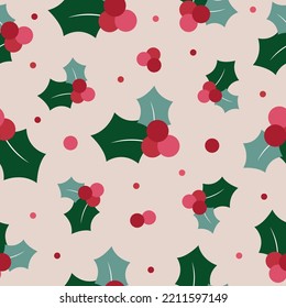 Pattern with Christmas Holly. Vector graphics