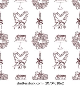 Pattern. Christmas items: Christmas cupcake with holly berries, a candle in a bottle decorated with fir branches, sweet candy canes tied with a bow, a Christmas wreath with Christmas decorations.
