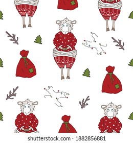pattern Christmas lamb with Santa Claus costume with a bag of gifts