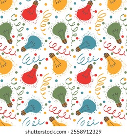 Pattern of Christmas lights and confetti in trendy groovy retro style. String and sprinkle of colorful holiday lights. 70s Vibes bulbs and Colorful particles. Vector wallpaper.