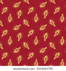 Pattern of Christmas lights in trendy groovy retro style. String of golden holiday lights. Happy New year and Merry Christmas seamless background. 70s Vibes groovy bulbs. Vector wallpaper.
