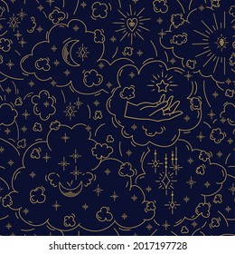 The pattern of Christmas Moons with stars. Beautiful golden festive celestial bodies in the clouds. Background for Christmas and New Year for textiles. Vector illustration