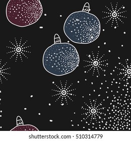 Pattern of Christmas  motifs, balls, snow, seamless.