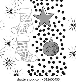 Pattern of Christmas  motifs, balls,stars, snow, seamless, socks with gifts.