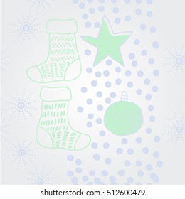 Pattern of Christmas  motifs, balls,stars, snow,  socks with gifts.