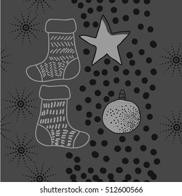 Pattern of Christmas  motifs, balls,stars, snow, seamless, socks with gifts.