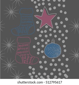 Pattern of Christmas  motifs, balls,stars, snow, seamless, socks with gifts.