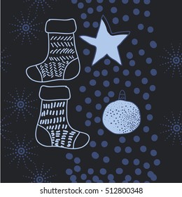 Pattern of Christmas  motifs, balls,stars, snow, seamless, socks with gifts.