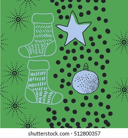 Pattern of Christmas  motifs, balls,stars, snow, seamless, socks with gifts.