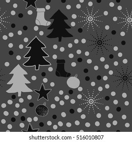 Pattern of Christmas  motifs, snow, halftone, spruce, balls, socks,stars, seamless. 