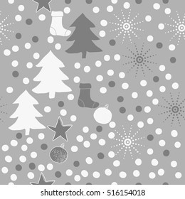 Pattern of Christmas  motifs, snow, halftone, spruce, balls, socks,stars, seamless.