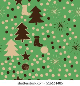 Pattern of Christmas  motifs, snow, halftone, spruce, balls, socks,stars, seamless.