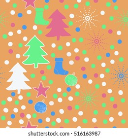 Pattern of Christmas  motifs, snow, halftone, spruce, balls, socks,stars, seamless.