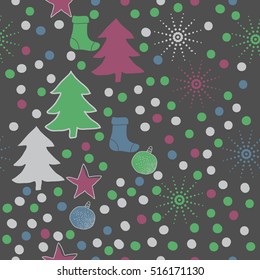 Pattern of Christmas  motifs, snow, halftone, spruce, balls, socks,stars, seamless.