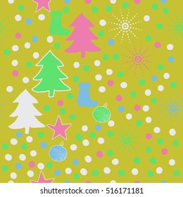 Pattern of Christmas  motifs, snow, halftone, spruce, balls, socks,stars, seamless.