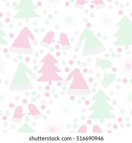 Pattern of Christmas  motifs, snow, halftone, spruce, hats,mittens, seamless. 