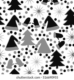 Pattern of Christmas  motifs, snow, halftone, spruce, hats,mittens, seamless. 