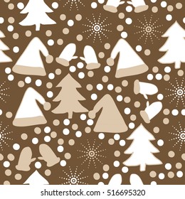 Pattern of Christmas  motifs, snow, halftone, spruce, hats,mittens, seamless. 