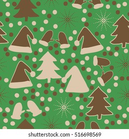 Pattern of Christmas  motifs, snow, halftone, spruce, hats,mittens, seamless.