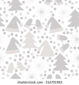 Pattern of Christmas  motifs, snow, halftone, spruce, hats,mittens, seamless.