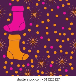 Pattern of Christmas  motifs, socks, snow, seamless.