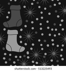 Pattern of Christmas  motifs, socks, snow, seamless.