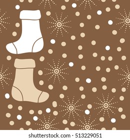 Pattern of Christmas  motifs, socks, snow, seamless.