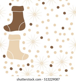 Pattern of Christmas  motifs, socks, snow, seamless.