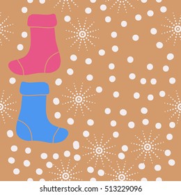 Pattern of Christmas  motifs, socks, snow, seamless.