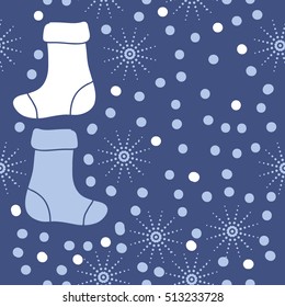 Pattern of Christmas  motifs, socks, snow, seamless.
