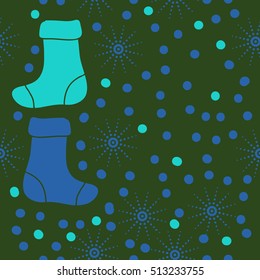 Pattern of Christmas  motifs, socks, snow, seamless.