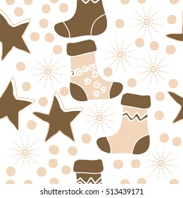 Pattern of Christmas  motifs, socks, snow,stars, seamless.