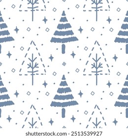 A pattern of Christmas and New Year drawings in the doodle style. A collection of hand-drawn Christmas trees, mittens, and snowflakes.