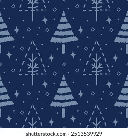 A pattern of Christmas and New Year drawings in the doodle style. A collection of hand-drawn Christmas trees, mittens, and snowflakes.