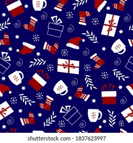 Pattern Christmas and New Year on a blu background. Vector pattern for packaging, textiles, gifts, scrapbooking. 