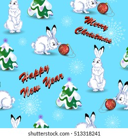 Pattern for Christmas and New Year with white hares, a Christmas tree and snowflakes. Seamless vector pattern. Beautiful festive background.