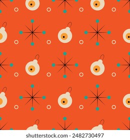 A pattern of Christmas ornaments is displayed on an orange background. The ornaments are in various shapes and sizes, including a large round ornament with a green stem. Scene is festive and cheerful