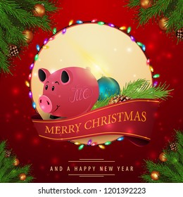Pattern of Christmas red cards with a pig and a Christmas tree branch