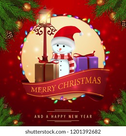 Pattern of Christmas red cards with snowman and gifts