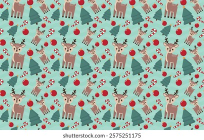 Pattern with Christmas reindeer, Christmas candy and Christmas tree, repeat