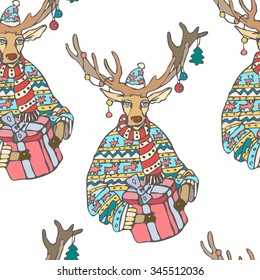 Pattern christmas reindeer with gift and a sweater in the New Year. On the horns hanging Christmas decorations.Vector.