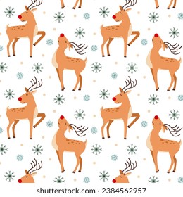 
Pattern with Christmas reindeer and snowflakes in flat style. Christmas pattern. Rudolph the reindeer.