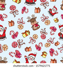 pattern christmas santa claus deer gifts lollipops colorful seamless  vector doodle illustration