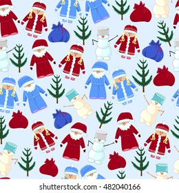 pattern Christmas Santa Claus, snow maiden, snowman colored on a blue background