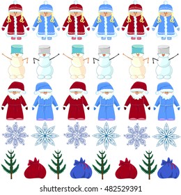 pattern Christmas Santa Claus, snow maiden, snowman on blue background