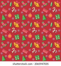 Pattern Christmas seamless on red background. Bell, gift, toy, Christmas tree