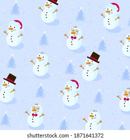 Pattern of Christmas snow men with hats with blue background