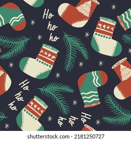 Pattern with Christmas socks and hearts. Seamless pattern. Merry Christmas. Happy New Year. Vector illustration